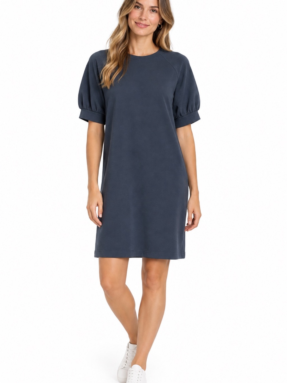 EVEREVE Shift Dress Navy Slate Blue Puff Sleeve Relaxed Fit Oversized SZ Small